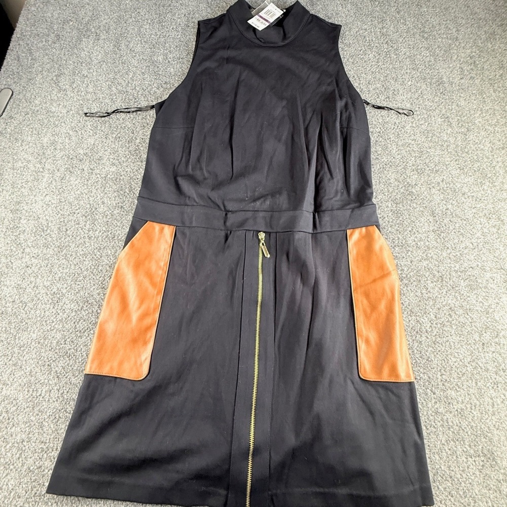 Mod World Womens Mock Neck Front Zip Dress Black Tan Faux Leather Pockets XXL